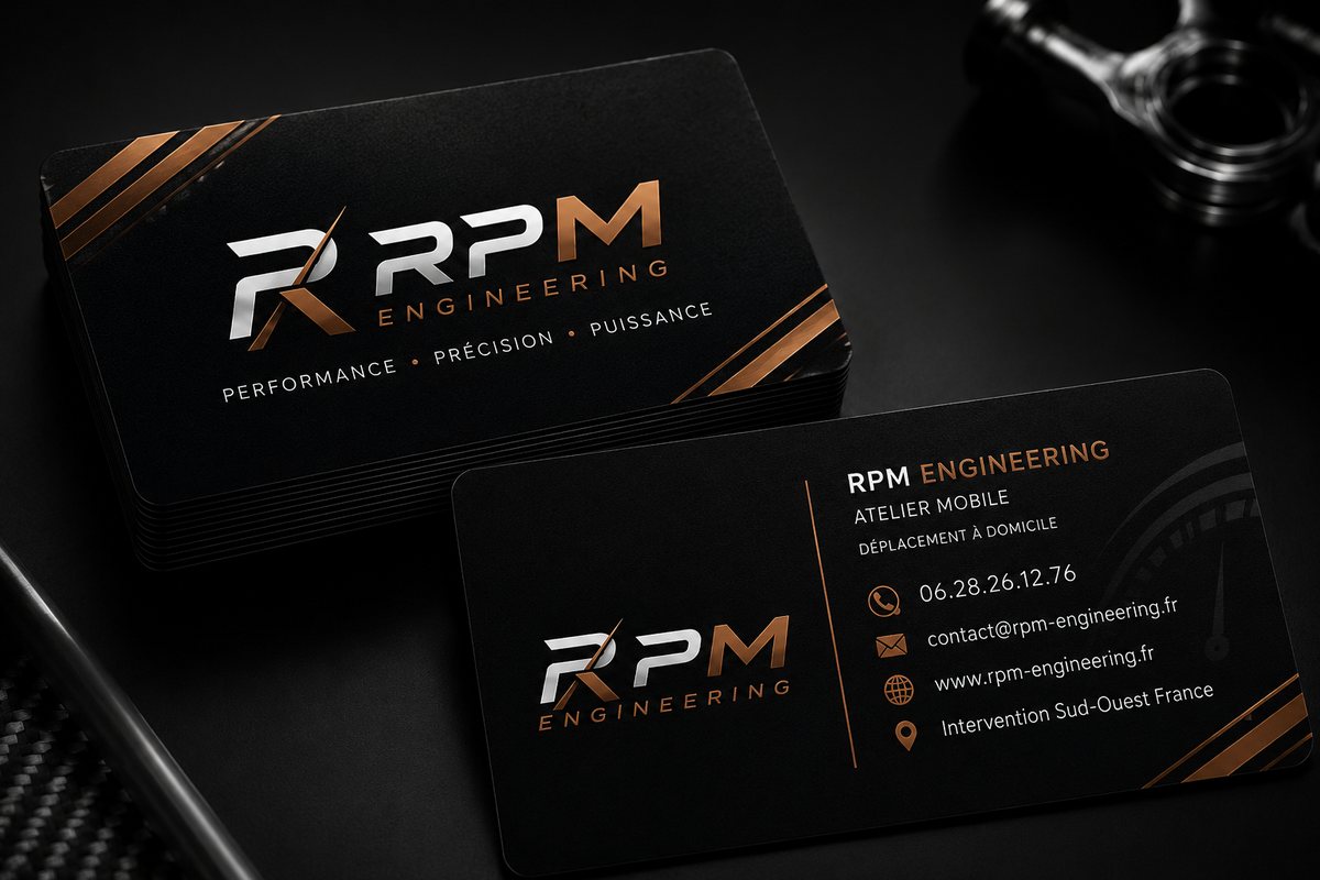 Cartes de visite RPM Engineering, logo argent et cuivre sur fond noir
