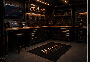 Intérieur de l’atelier mobile RPM Engineering : établi, écrans de diagnostic et rangements